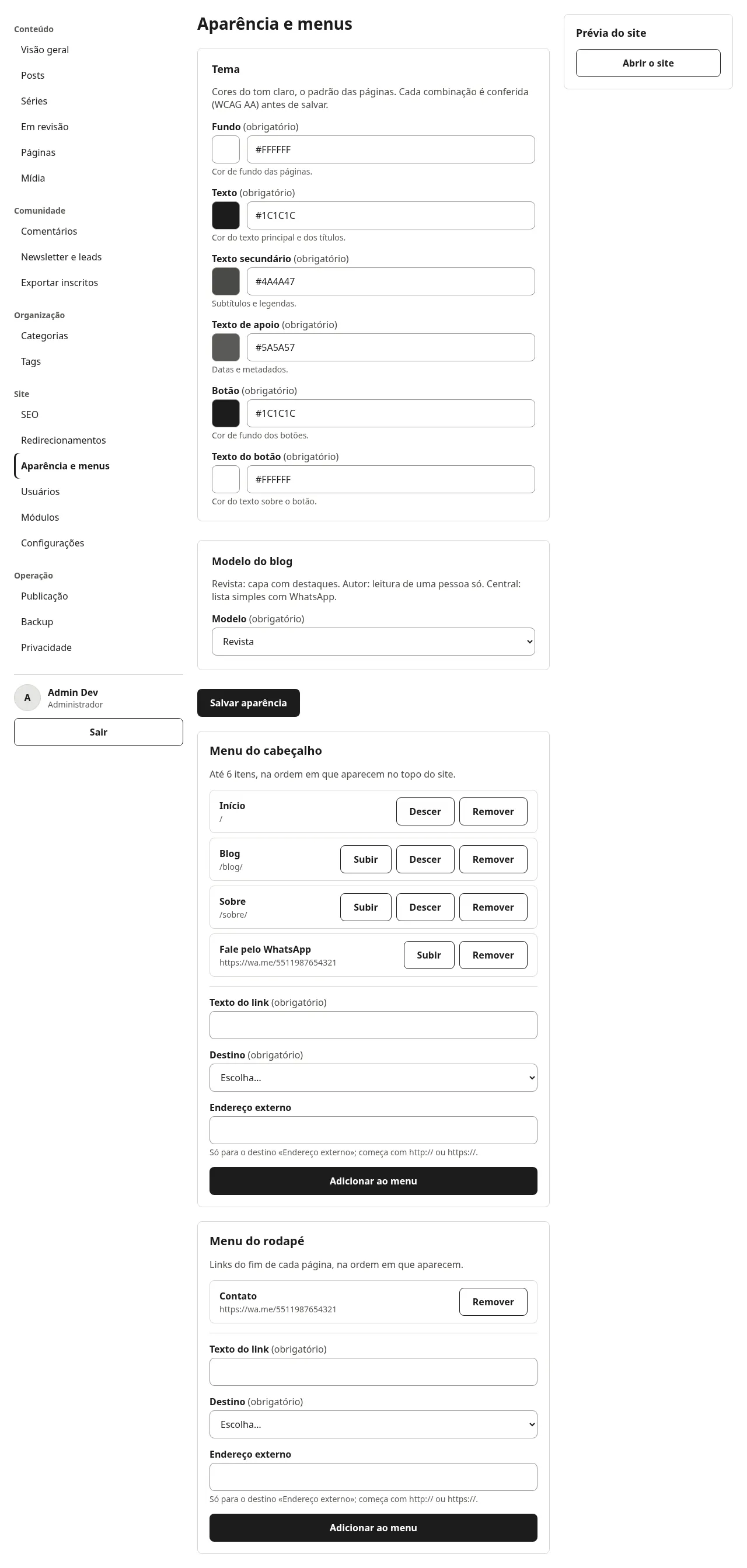 Tela Aparência e menus