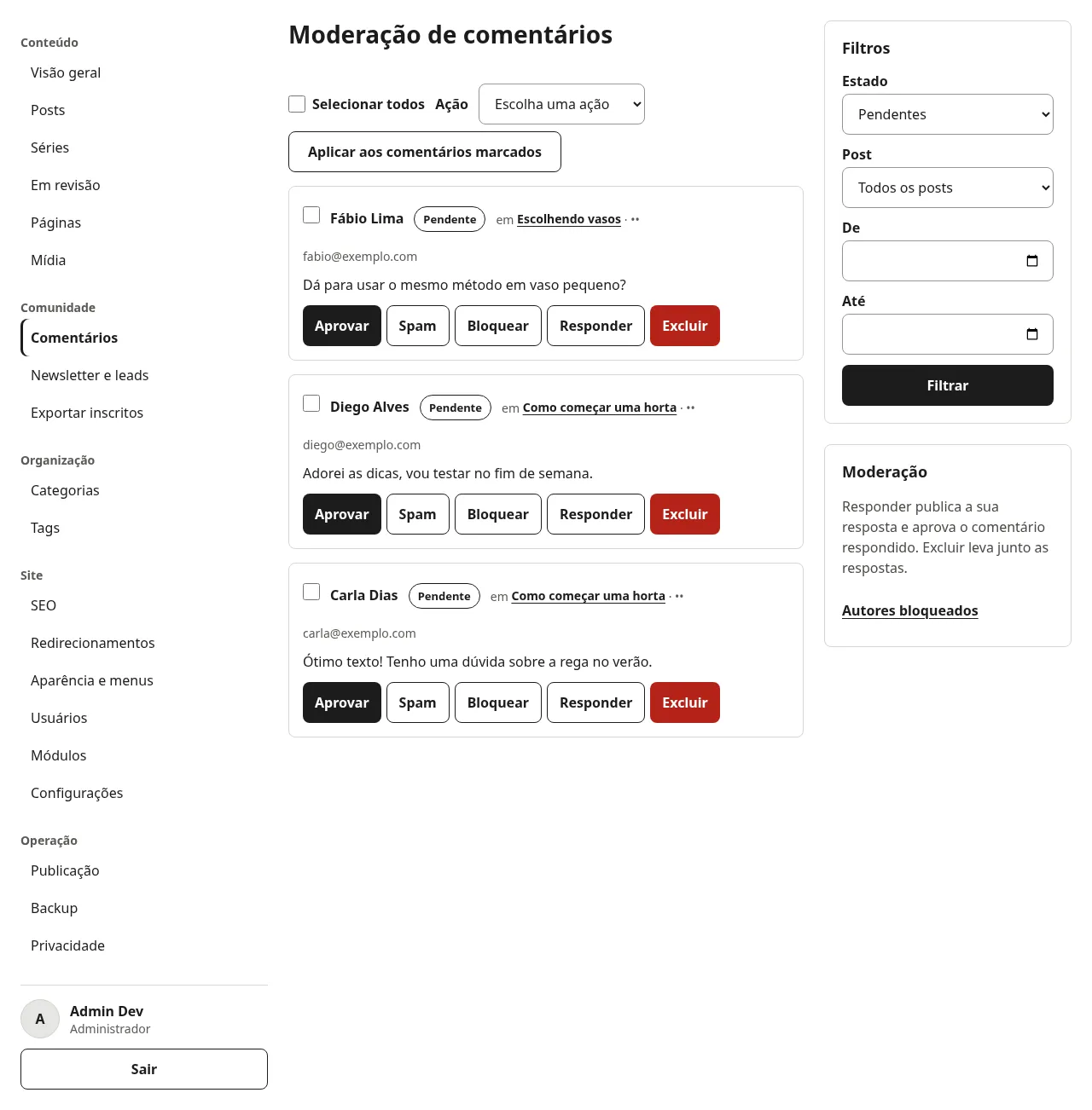 Fila de moderação de comentários com filtros e ações em cada comentário