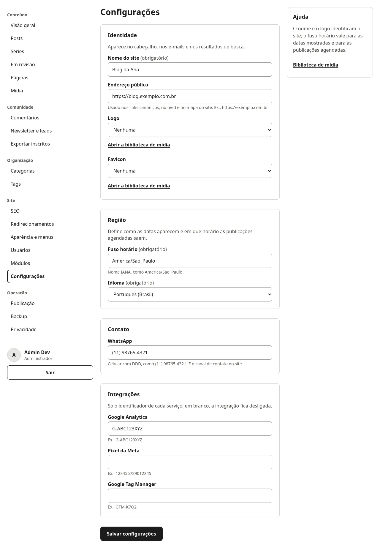 Tela Configurações