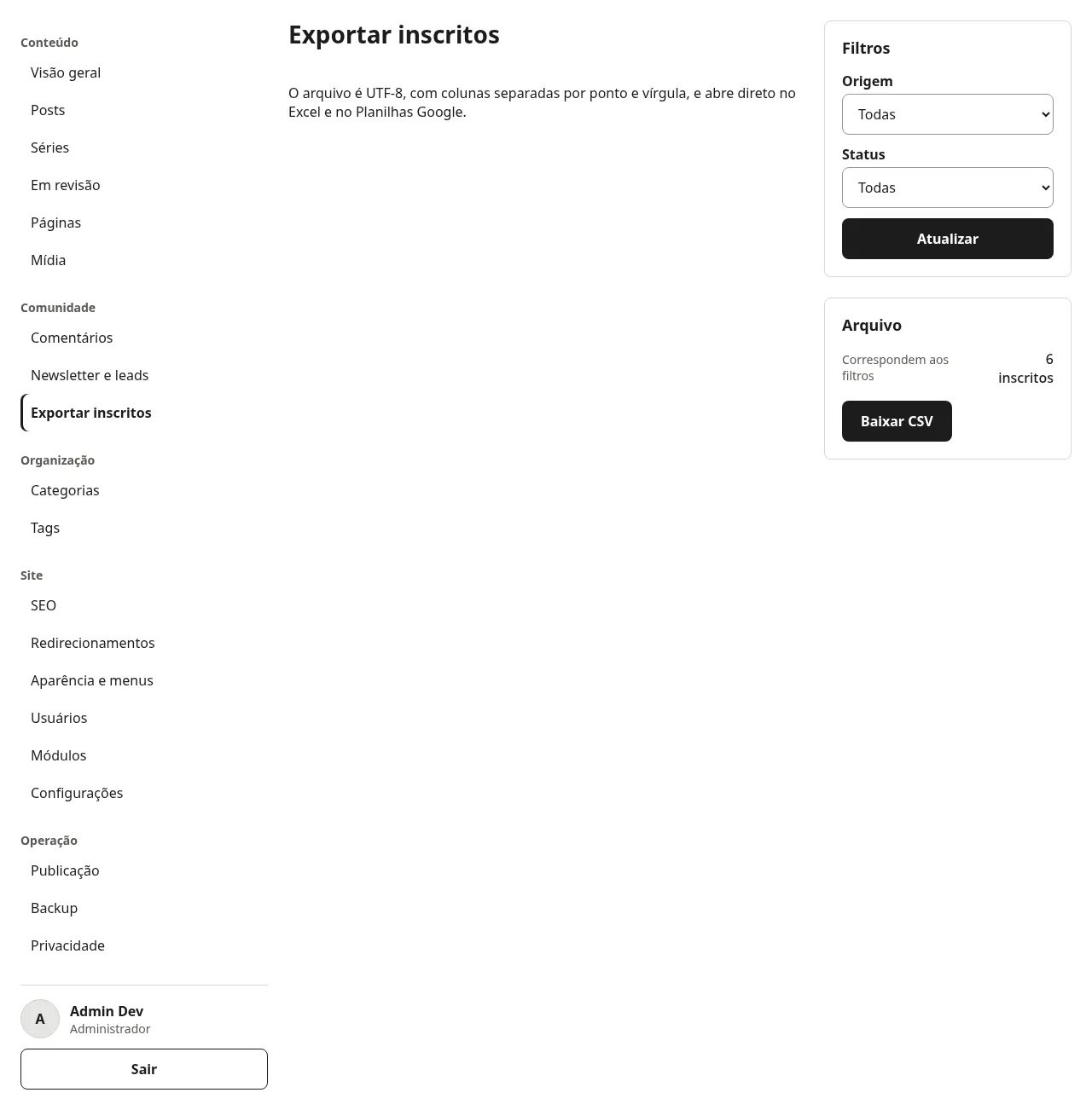 Tela de exportação de inscritos com filtros e o botão Baixar CSV