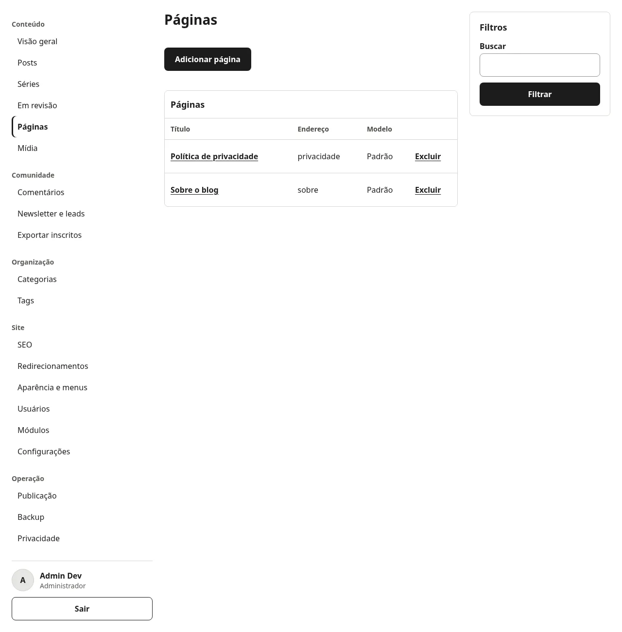 Lista de páginas com o botão Adicionar página, as colunas Título, Endereço e Modelo e o link Excluir de cada linha