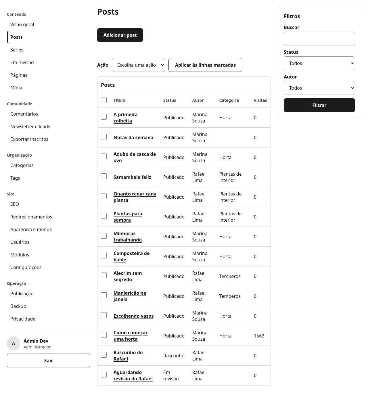 Lista de posts com a ação em massa, os filtros e a coluna Categoria