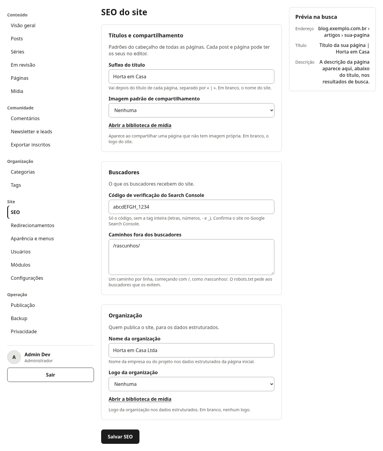 Tela SEO do site