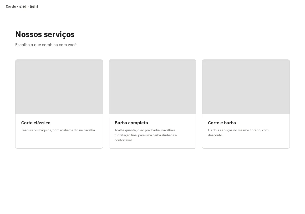 Captura da galeria: seção Cards, variante grid com imagem, claro, em 1280 px