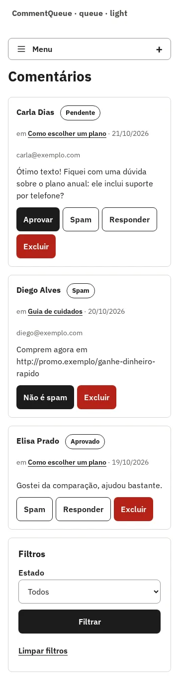 CommentQueue, a fila de comentários, em 360 px