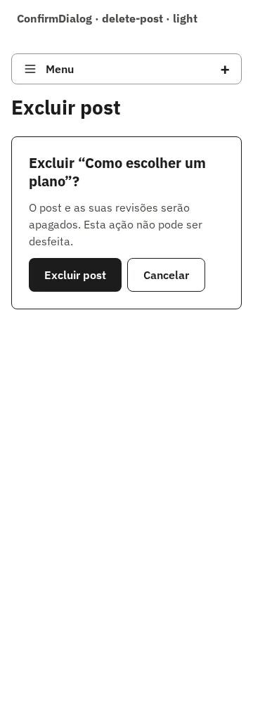 ConfirmDialog de exclusão de um post, em 360 px