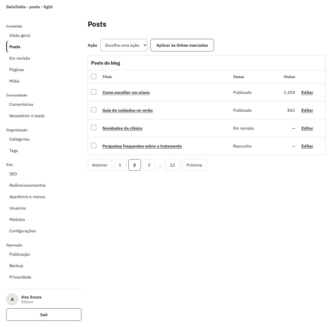 DataTable com a lista de posts, em 1280 px