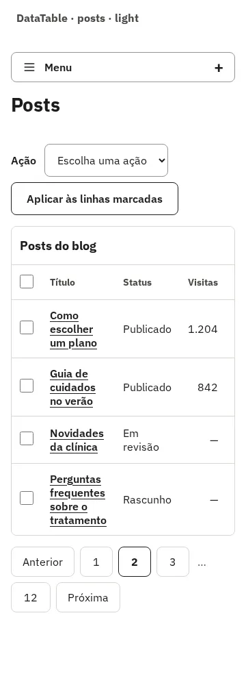 DataTable com a lista de posts, em 360 px