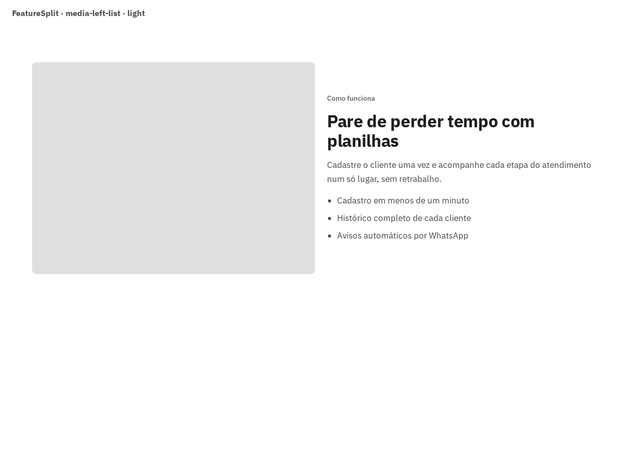Captura da galeria: seção FeatureSplit, variante media-left-list, claro, em 1280 px