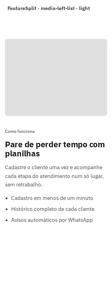 Captura da galeria: seção FeatureSplit, variante media-left-list, claro, em 360 px