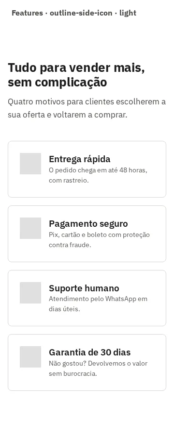 Captura da galeria: seção Features, variante outline-side-icon, claro, em 360 px