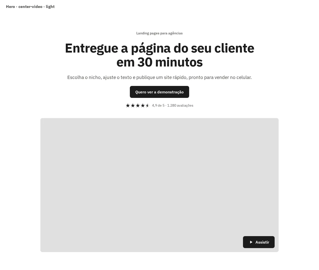 Captura da galeria: seção Hero, variante center-video, claro, em 1280 px