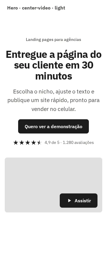 Captura da galeria: seção Hero, variante center-video, claro, em 360 px