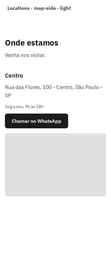 Captura da galeria: seção Locations, variante map-side com WhatsApp, em 360 px