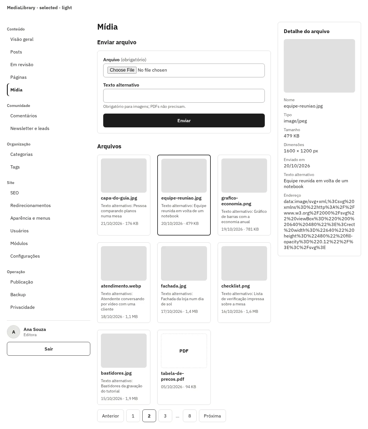 MediaLibrary com um arquivo selecionado, em 1280 px