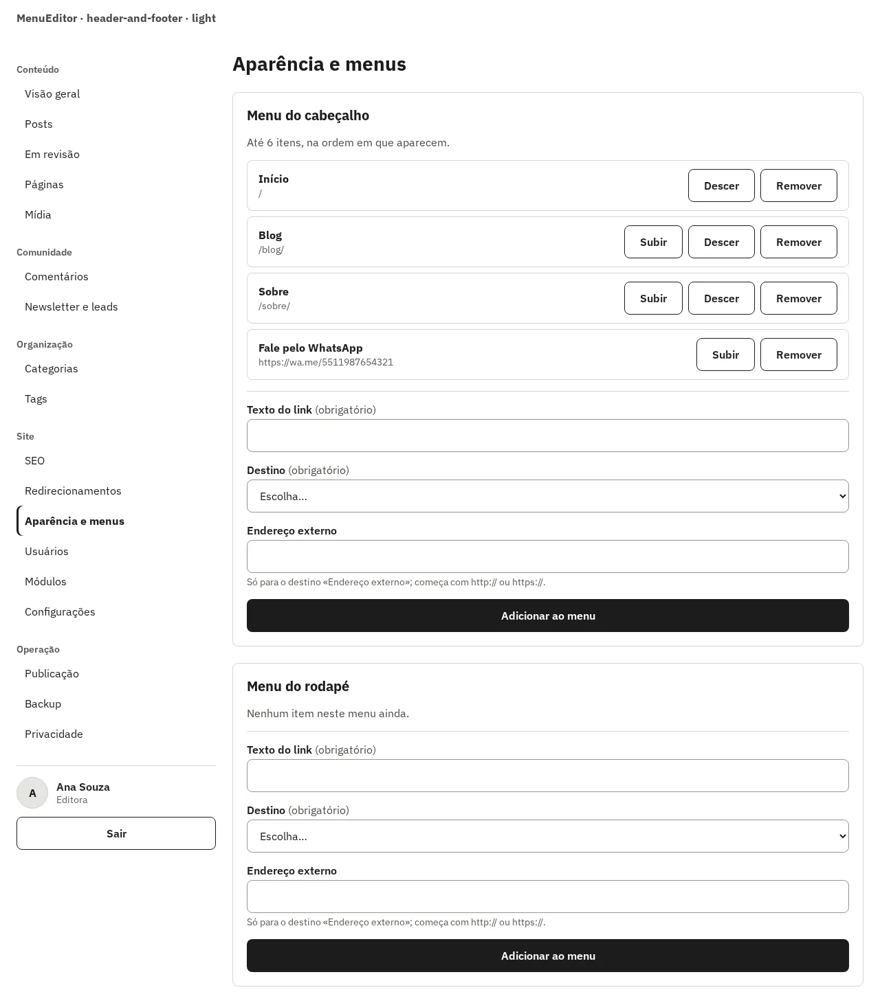 MenuEditor com o menu de cabeçalho e rodapé, em 1280 px