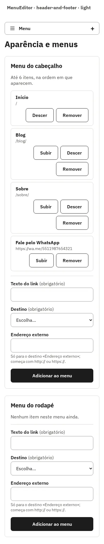 MenuEditor com o menu de cabeçalho e rodapé, em 360 px