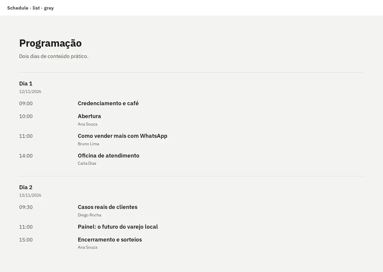 Captura da galeria: seção Schedule, variante list de dois dias, cinza, em 1280 px