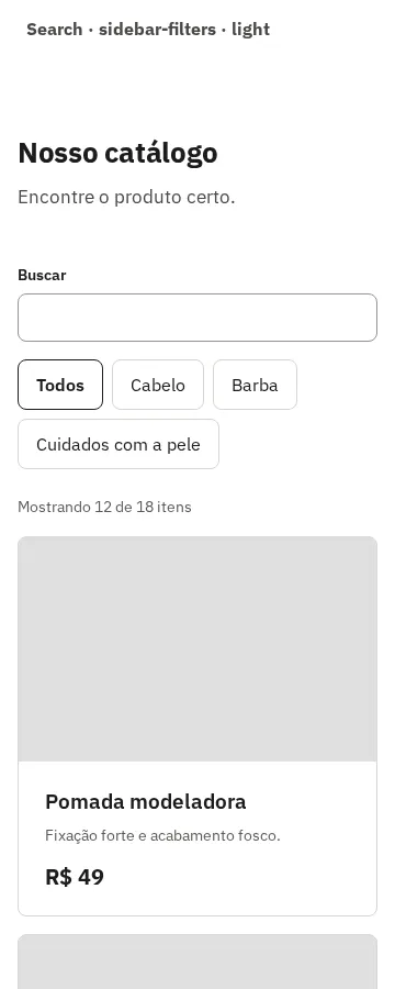 Captura da galeria: seção Search, variante sidebar-filters, claro, em 360 px