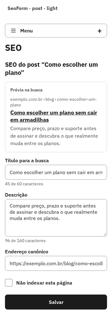 SeoForm com o SEO de um post, em 360 px