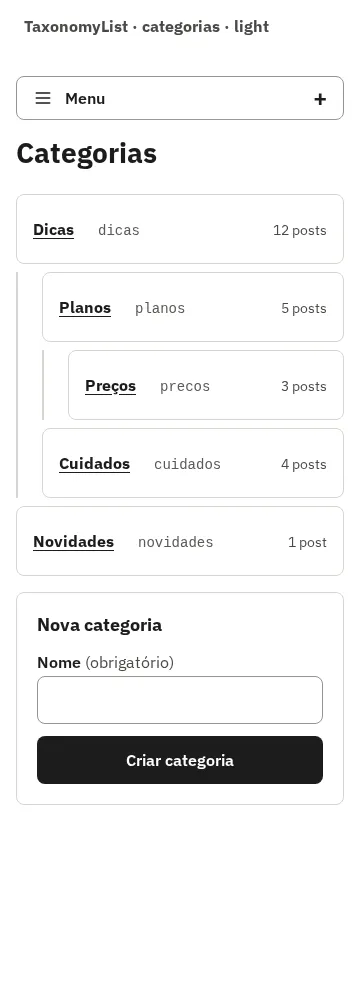 TaxonomyList com categorias, em 360 px