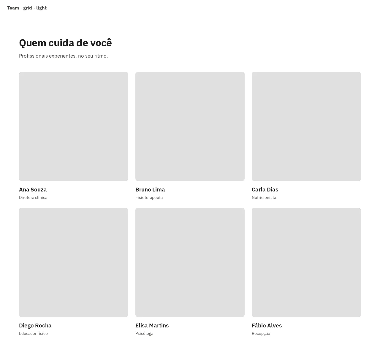 Captura da galeria: seção Team, variante grid de 3 colunas, claro, em 1280 px