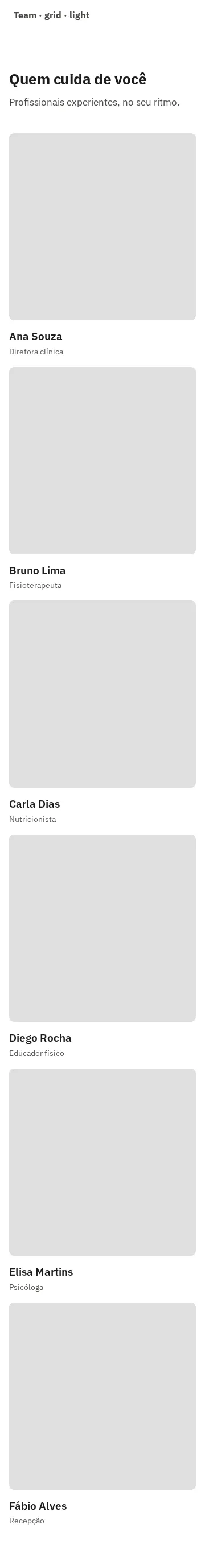 Captura da galeria: seção Team, variante grid de 3 colunas, claro, em 360 px