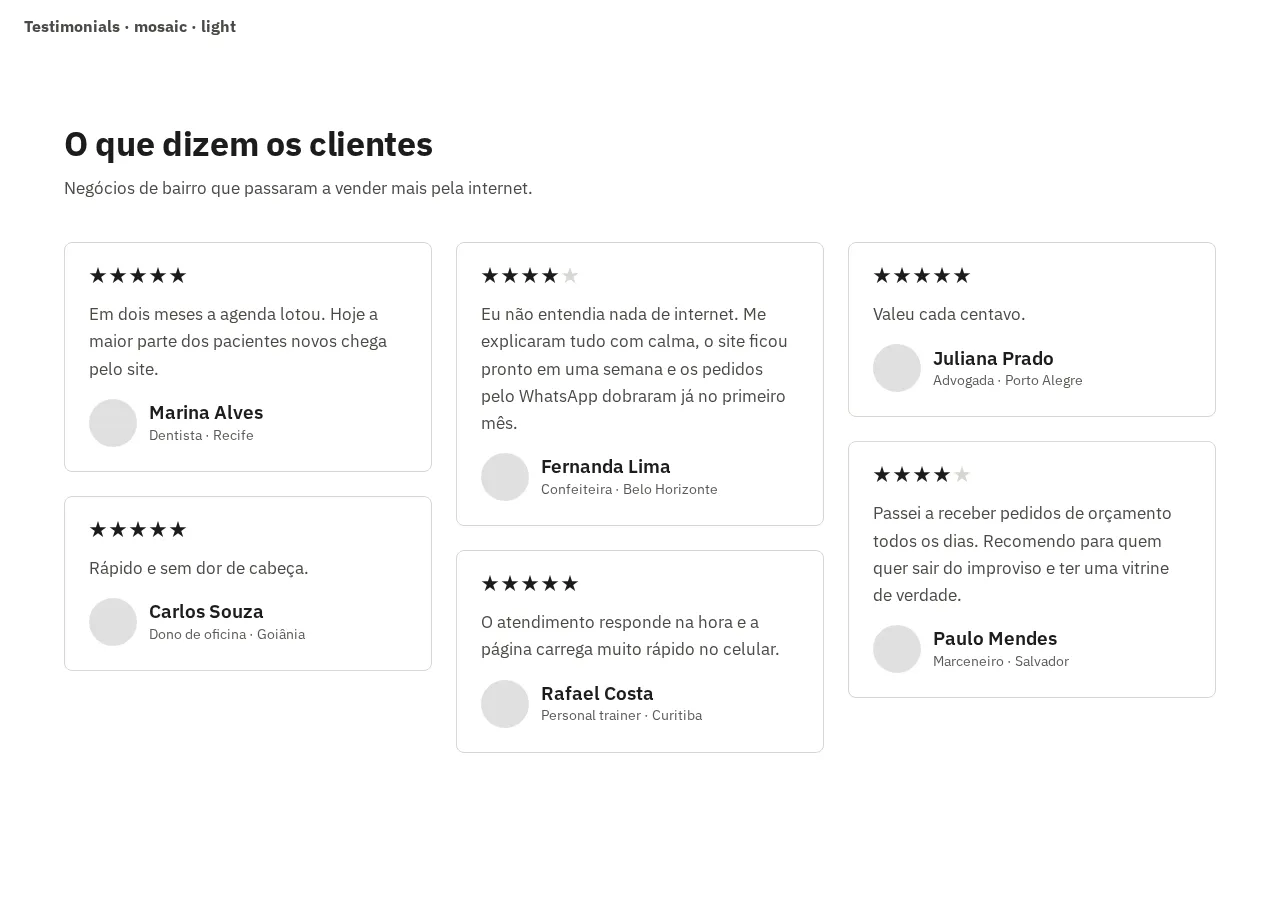 Captura da galeria: seção Testimonials, variante mosaic, claro, em 1280 px