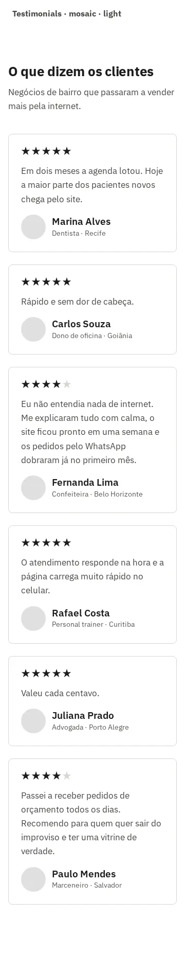 Captura da galeria: seção Testimonials, variante mosaic, claro, em 360 px